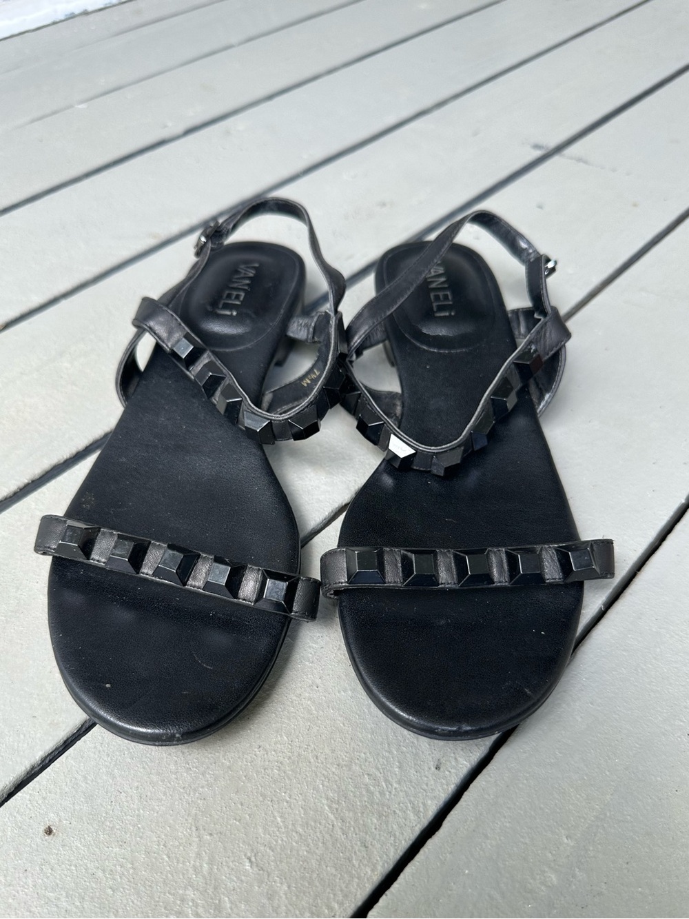 Vaneli  Pyramid Studs Black Leather Strapy Sandals —7.5